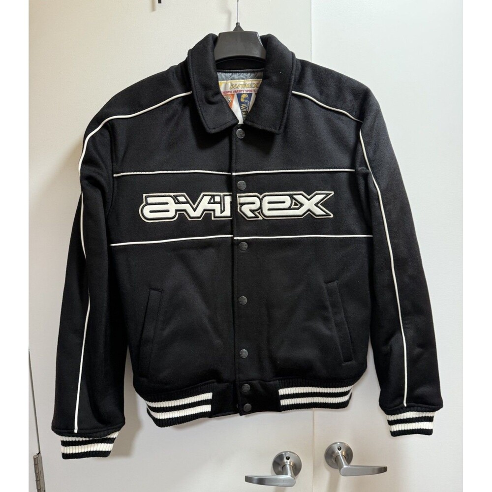 AVIREX Black Varsity Racing Jacket Men’s L Quilted Lined Logo Wool Coat